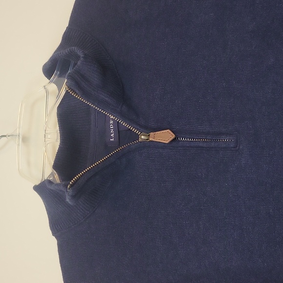 LAND'S END Blue Baumwolle 3/4 Zip Ribbed Cuff/Hem Elbow Pad Pullover Sweater - Picture 2 of 10
